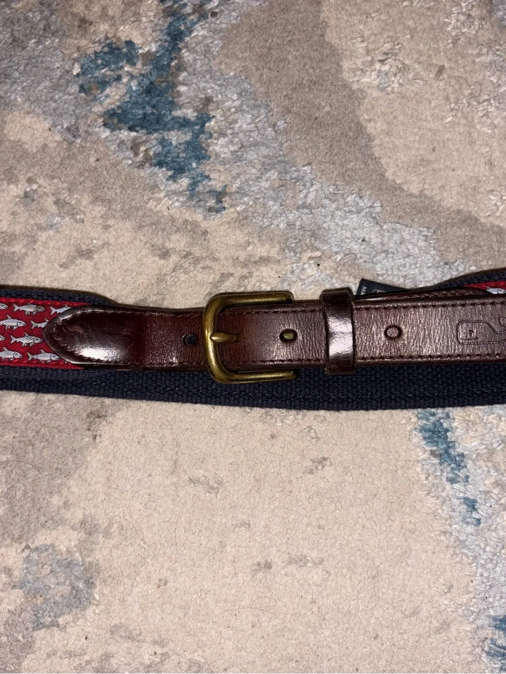 Vineyard Vines Navy Web Belt with Brown Leather and Red Pattern Inlay